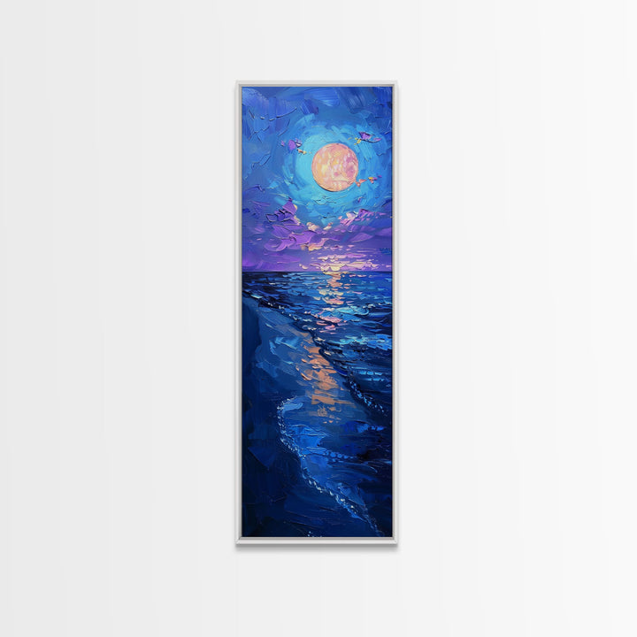 Vibrant Night Sky Over the Ocean with Full Moon, Skinny and Tall Art, Bold and Colorful Framed Canvas Print, Landscape Wall Art