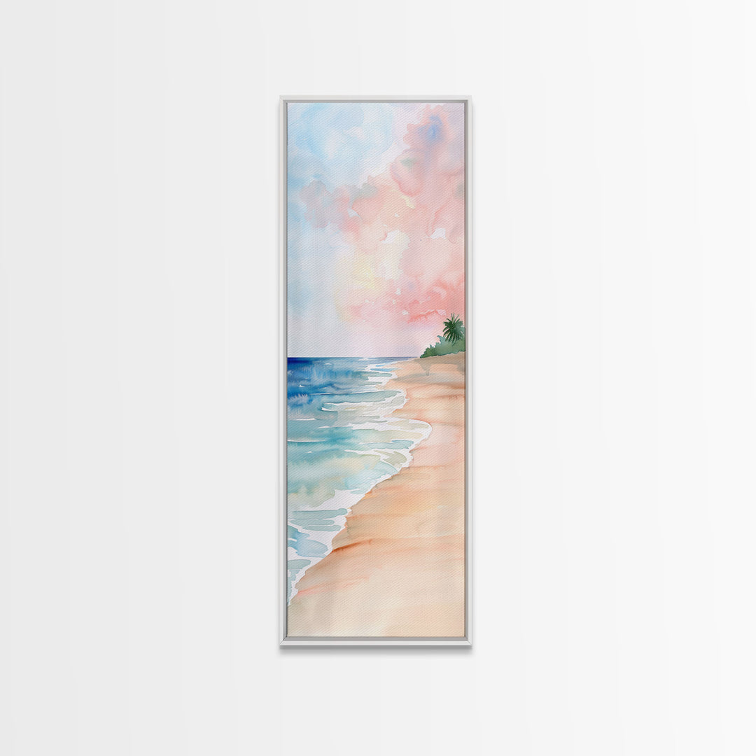 Soft Beach Pastel Scene - Framed Canvas Print, Farmhouse Art, Boho Art, Skinny Art, Tall Art, Living Room Decor, Coastal Wall Art for Home Decor