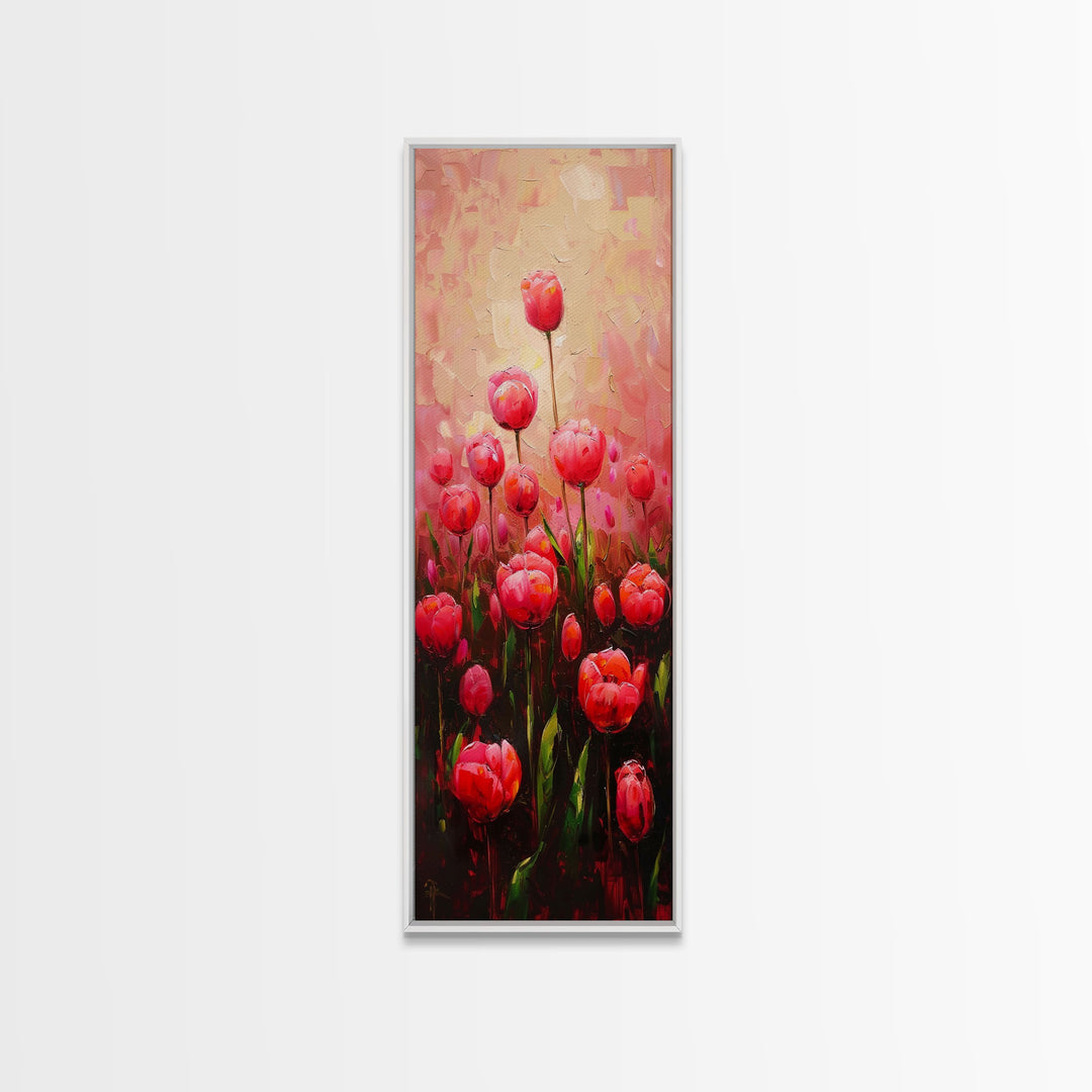 Vibrant Red Tulips in Bloom Against a Soft Pink Background on a Framed Canvas Print Skinny Art Piece