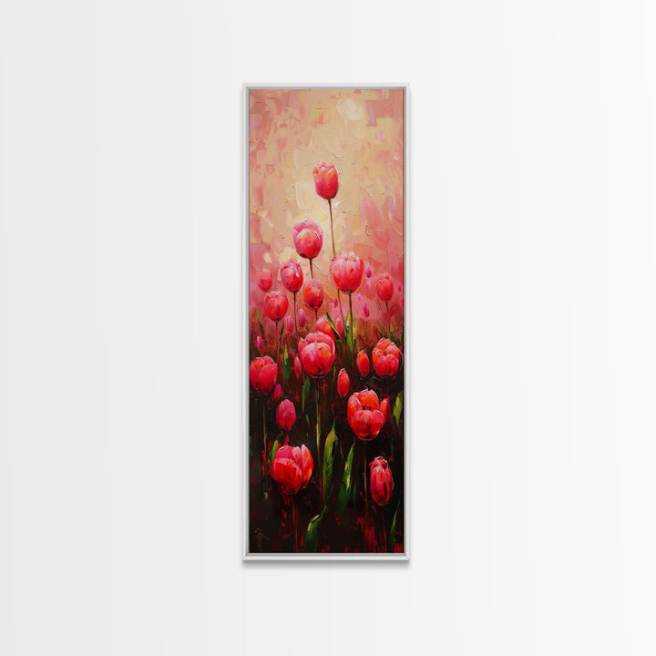 Vibrant Red Tulips in Bloom Against a Soft Pink Background on a Framed Canvas Print Skinny Art Piece