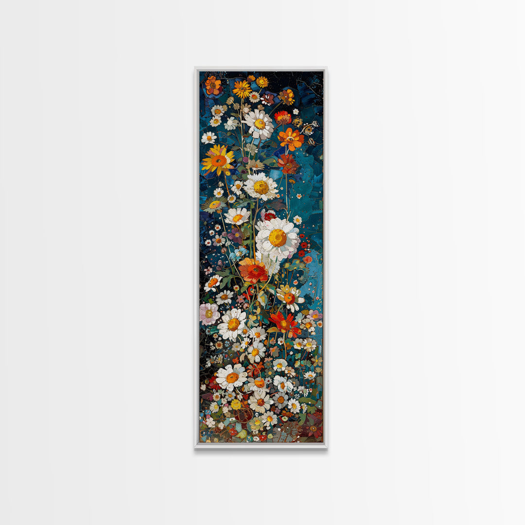 Tall Skinny Art of Vibrant Floral Mosaic on Blue Background as Framed Canvas Print for Bright Wall Decor and Home Interiors