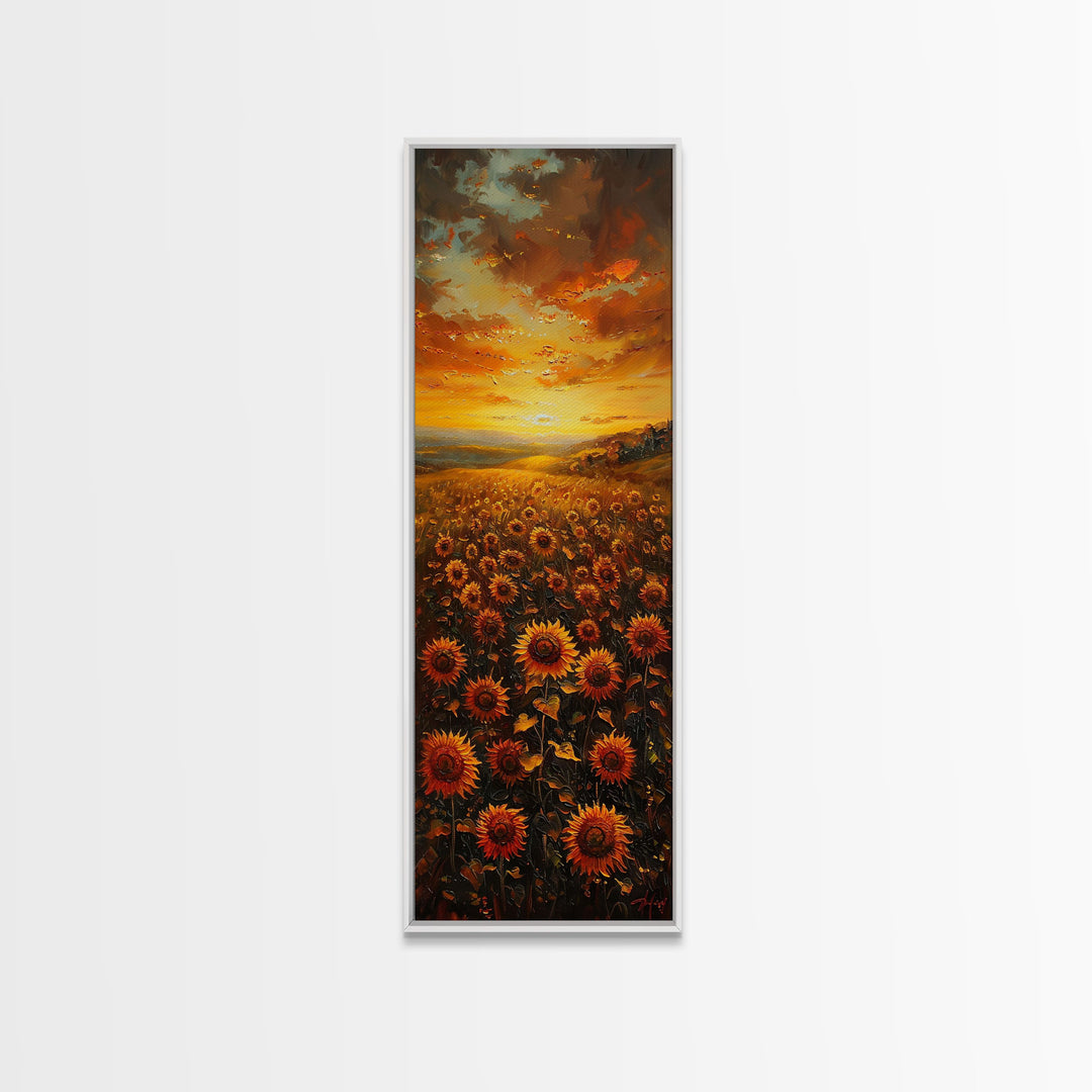 Sunflowers in Golden Sunset, Tall Skinny Art Framed Canvas Print Ideal for Warm Wall Decor in Living Rooms or Bedrooms