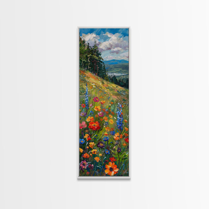 Wildflowers In Bloom, Framed Canvas Print, Skinny Panoramic Landscape Painting, Beautiful Wall Art, Gift Idea For Her, Housewarming