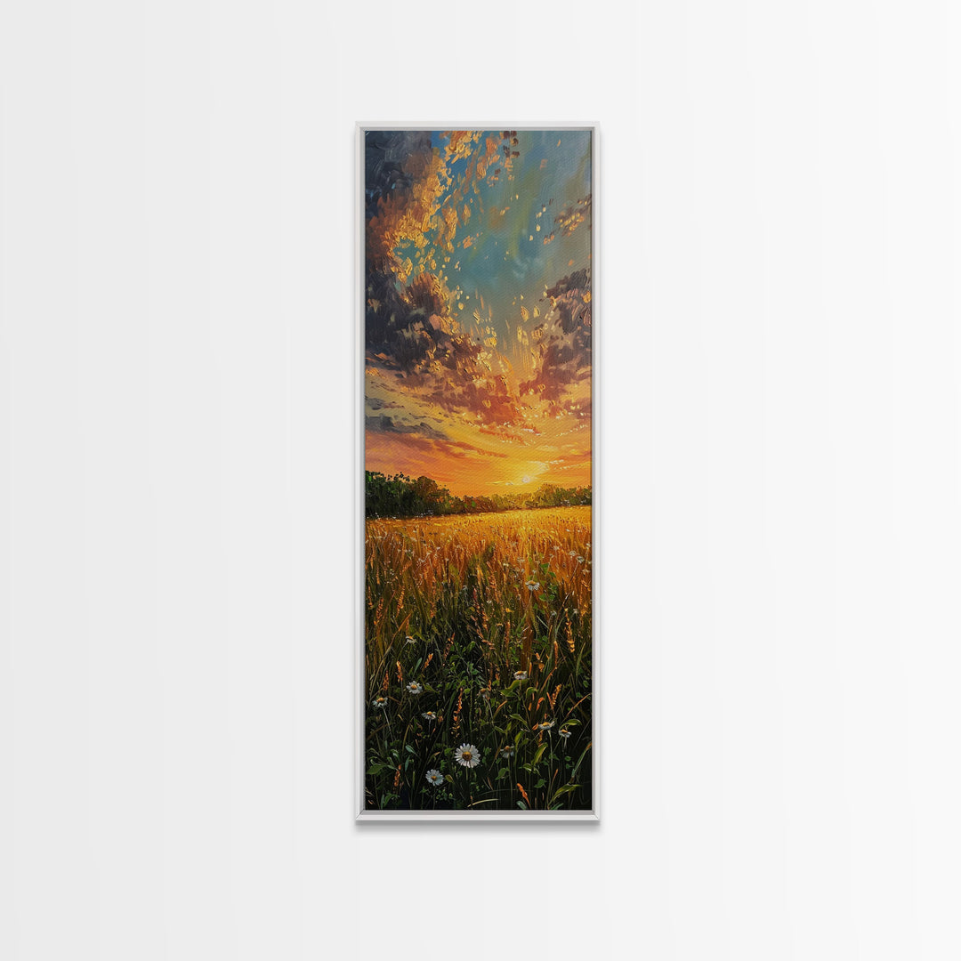 Wheat Fields At Sunset Framed Canvas Print - Beautiful Wall Art - Skinny Art - Tall Art - Statement Piece - Living Room Decor