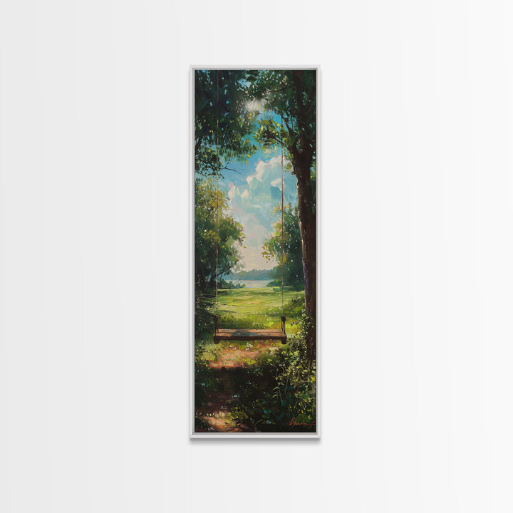 The Tree Swing Framed Canvas Print, Spring Time Decor, Tall Art, Statement Piece, Whimsical Boho Style Wall Art