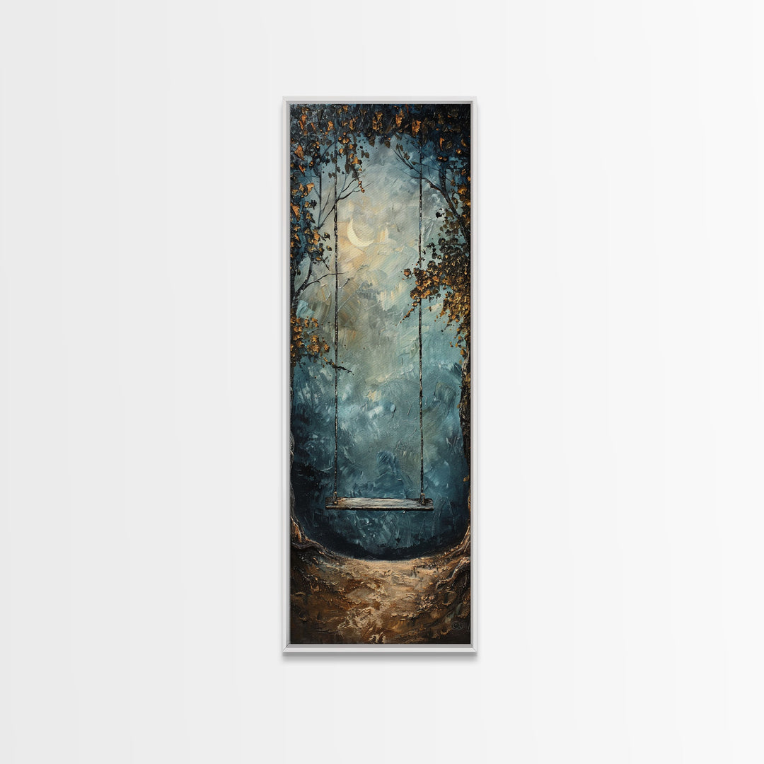 Tree Swing At Midnight Framed Canvas Print, Secret Garden, Dark Academia, Whimsical Minimalist Wall Art, Night Time Under a Crescent Moon