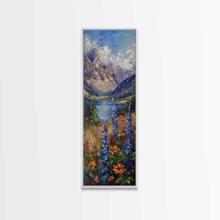 Wildflowers and Mountains, Springtime in Colorado, Framed Canvas print, Oil Painting Print, Living Room Decor, Tall Art, Wood Frame Wall Art, Home Decor