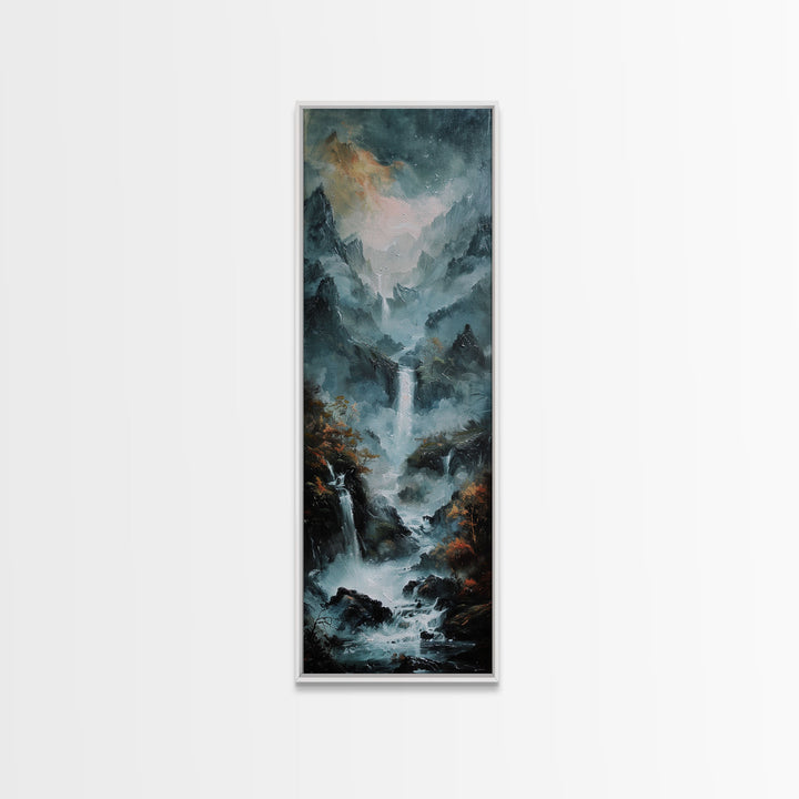 Waterfalls Against A Dark Mountain Landscape, Framed Canvas Print, Wood Frame Wall Art, Unique Decor, Farmhouse Wall Art, Tall / Skinny Wall Art