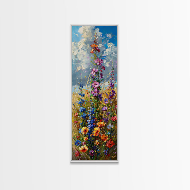 Wildfowers in Bloom Framed Canvas Print, Colorful Botanical Wall Art, Skinny Decor For Tight Spaces