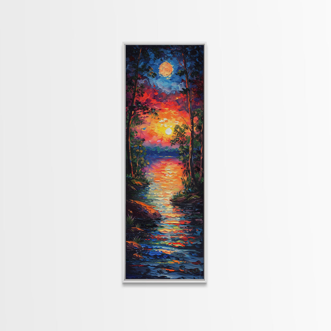 Sunset and Full Moon Over The lake Framed Canvas Print, Nature Decor, Landscape Oil Painting Print Wall Art, Skinny / Tall Art for Small Spaces