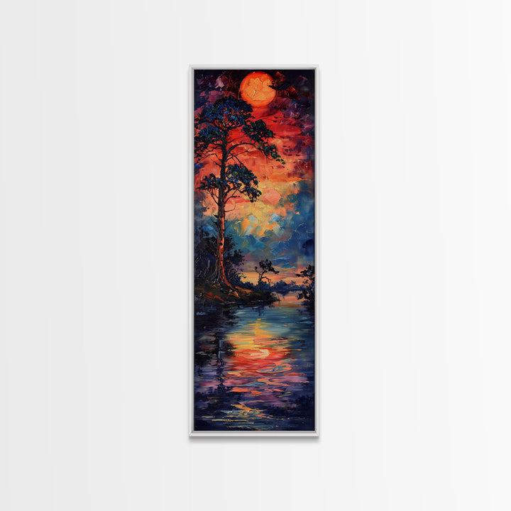 Sunset At The Lake, Framed Canvas Print, Colorful Gift Idea, Housewarming, Tall / Skinny Panoramic Painting Print, Living Room Wall Art