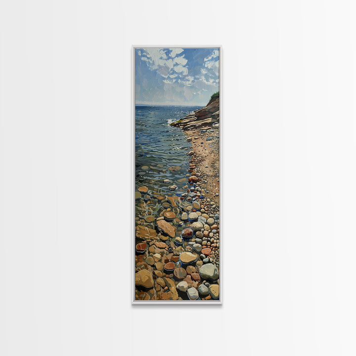 Tranquil Shoreline With Colorful Pebbles, Rustic Farmhouse Art On Framed Canvas, Minimalist Coastal Wall Art In Tall Canvas Print