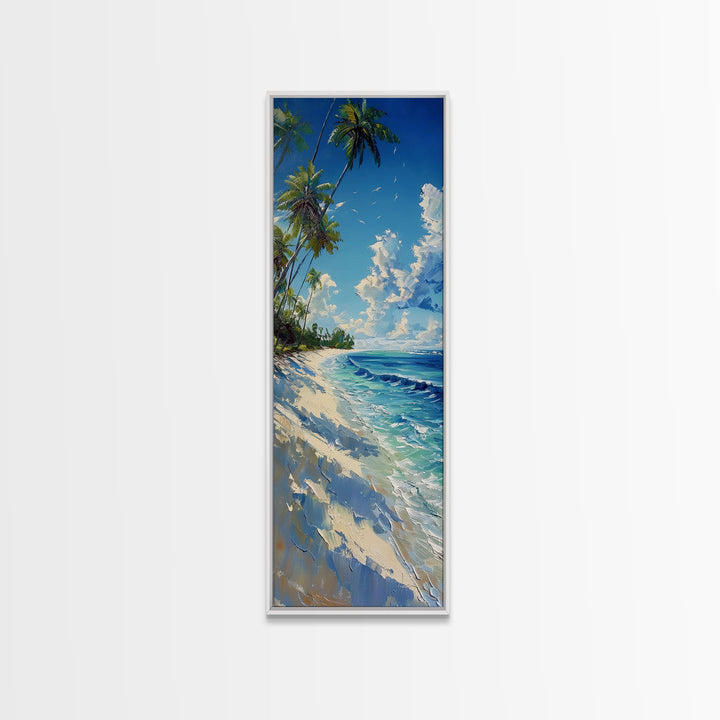 Tropical Beach Paradise With Swaying Palms, Boho And Farmhouse Art For Coastal Decor, Tall Canvas Print In Minimalist Style