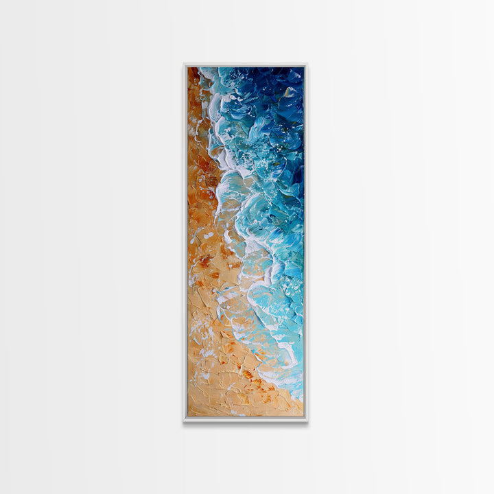 Abstract Coastal Waves And Sandy Beach, Rustic Farmhouse Art With Boho Elements, Tall Canvas Print For Modern Wall Decor