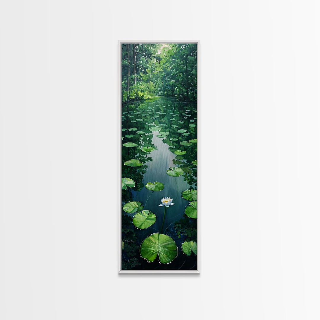 Tranquil Lily Pond Surrounded By Lush Forest, Boho And Minimalist Art For Nature Lovers, Farmhouse Wall Art In Tall Canvas Print