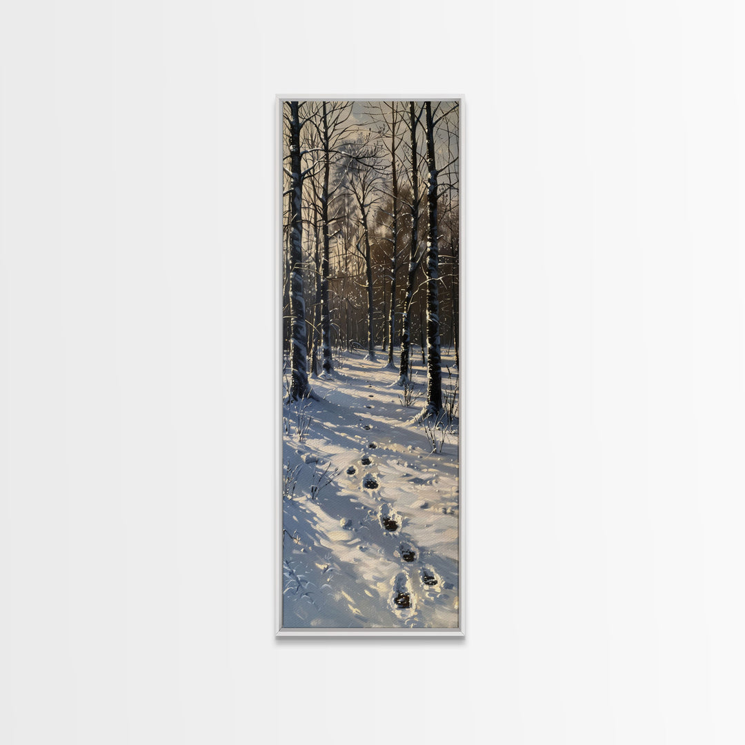 Snowy Forest Path With Footprints, Winter Scene In Farmhouse Style, Tall Canvas Print For Rustic Boho Wall Art