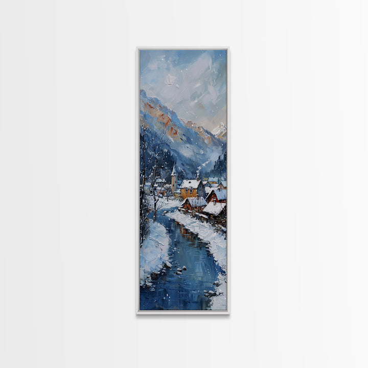 Tranquil Winter Village Scene Snowy River Minimalist Farmhouse Art Framed Canvas Print Tall Art Ukiyo-e Japanese Style Art