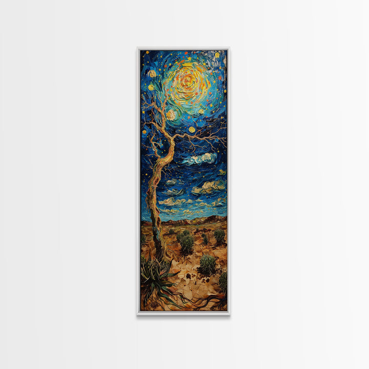 Vibrant Night Sky Desert Tree Whimsical Boho Starry Landscape Framed Canvas Print Tall Art Japanese Style Art