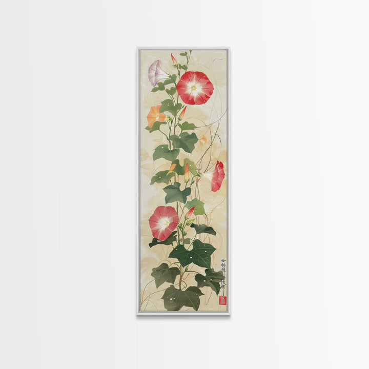 Vibrant Morning Glories Bloom Skinny Art Tall Art Japanese Ukiyo-e Inspired Floral Print Framed Canvas Wall Art