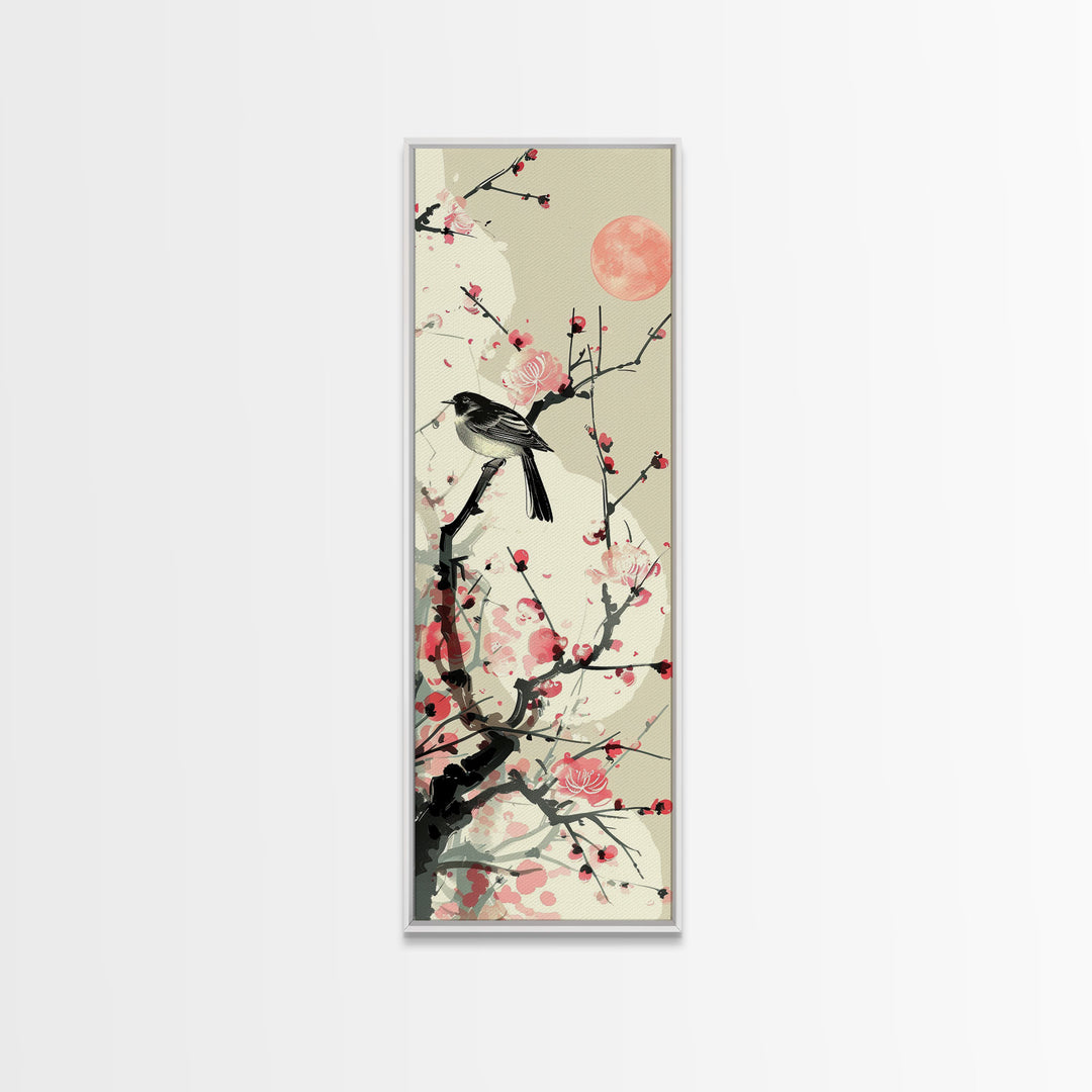 Songbird on Cherry Blossom Skinny Art Tall Art Japanese Ukiyo-e Inspired Bird and Nature Framed Canvas Print