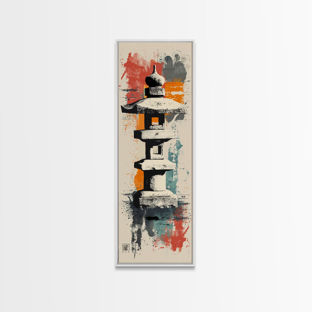 Zen Stone Lantern Skinny Art Tall Art Japanese Ukiyo-e Inspired Framed Canvas Wall Art