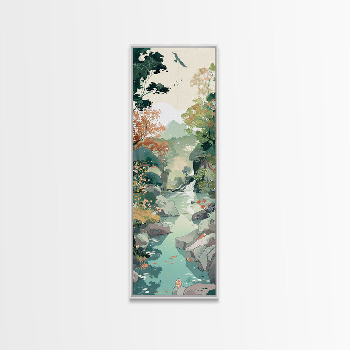 Tranquil Mountain Stream Surrounded by Autumn Leaves on Tall Vertical Japanese-Inspired Canvas Print for Nature Lovers