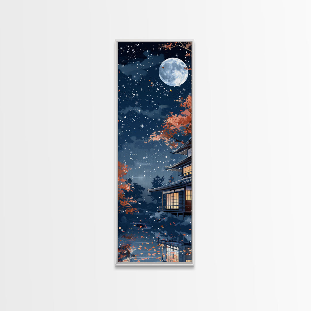 Starry Night, Traditional Japanese Home, Japanese Art, Skinny Art, Tall Art, Framed Canvas Print, Ukiyo-e Style