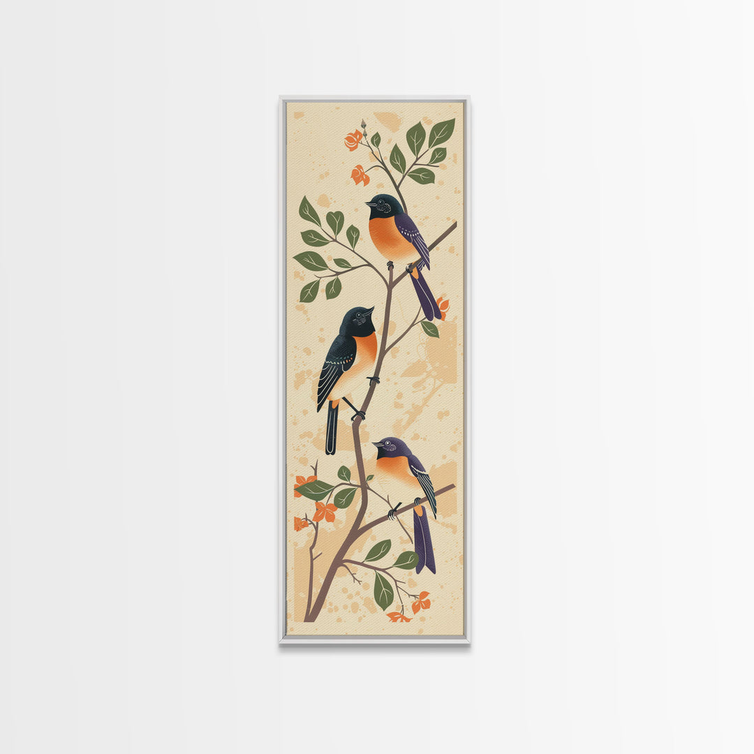 Three Birds Perched On A Branch Japanese Style Framed Canvas Print, Traditional Illustration Art Ready To Hang For Home Decor