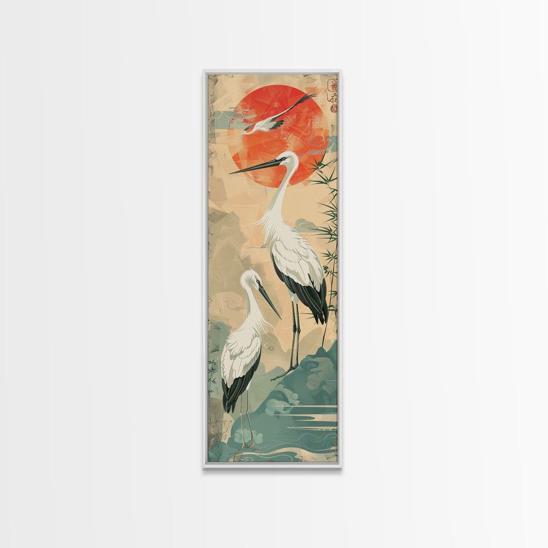 Tall Japanese Cranes Under a Vibrant Red Sun Ukiyo-e Art Skinny Framed Canvas Print Traditional Japanese Nature Scene