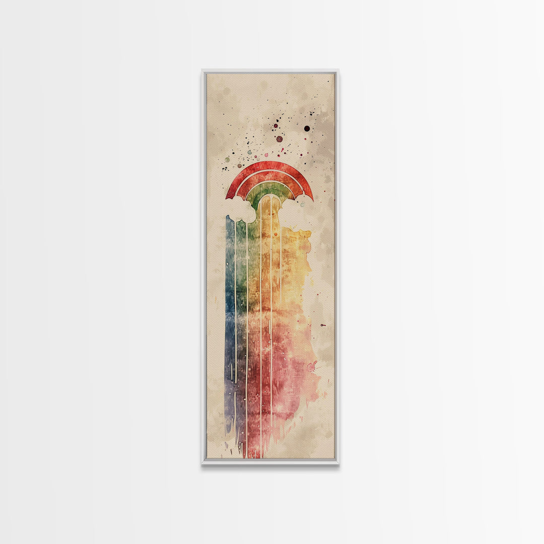 Vintage-Inspired Rainbow Waterfall Ukiyo-e Art Skinny Framed Canvas Print in Neutral Tones