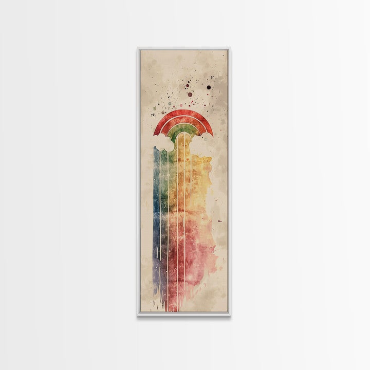 Vintage-Inspired Rainbow Waterfall Ukiyo-e Art Skinny Framed Canvas Print in Neutral Tones