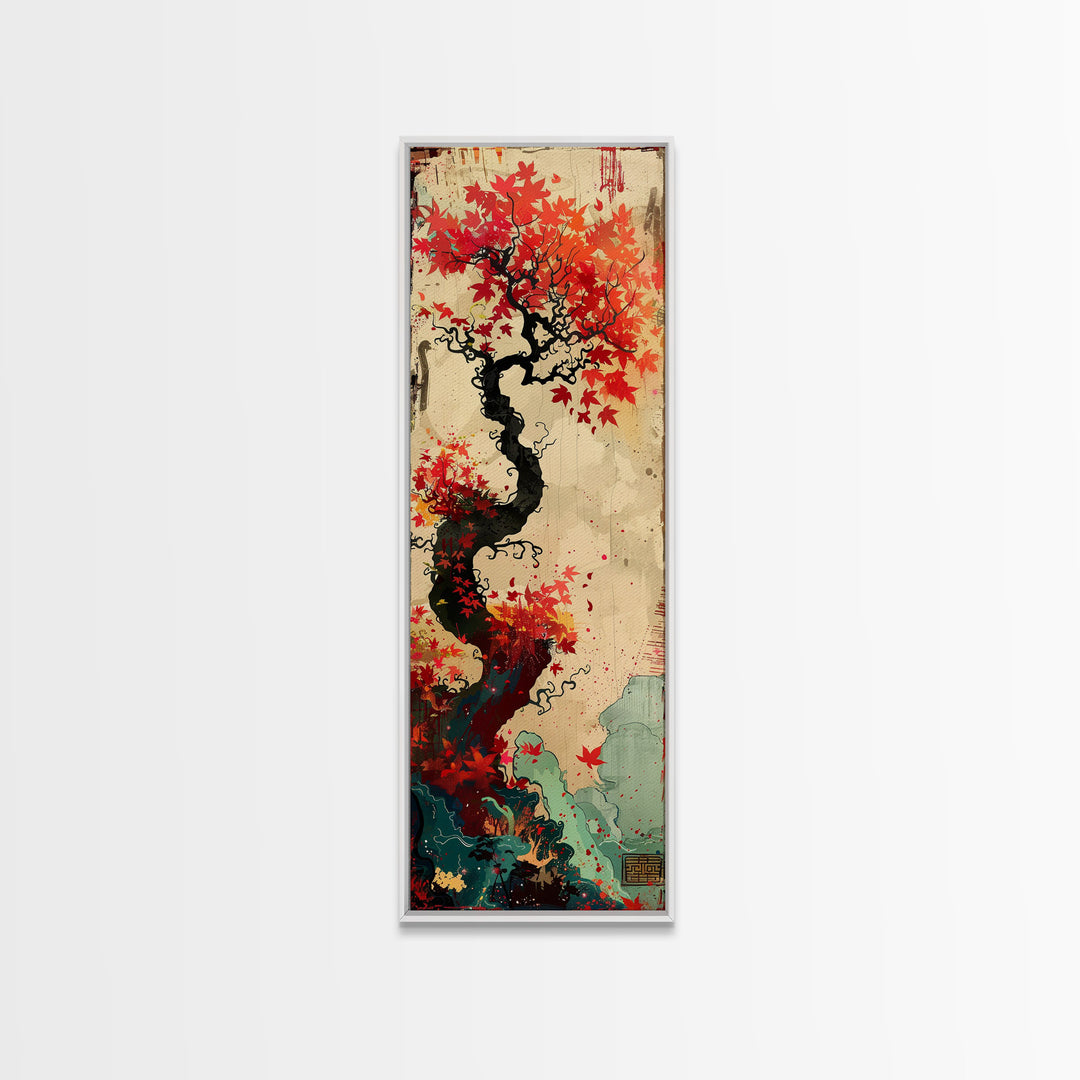 Twisted Tree with Red Maple Leaves Skinny Art Ukiyo-e Japanese Framed Canvas Print in Autumn Colors