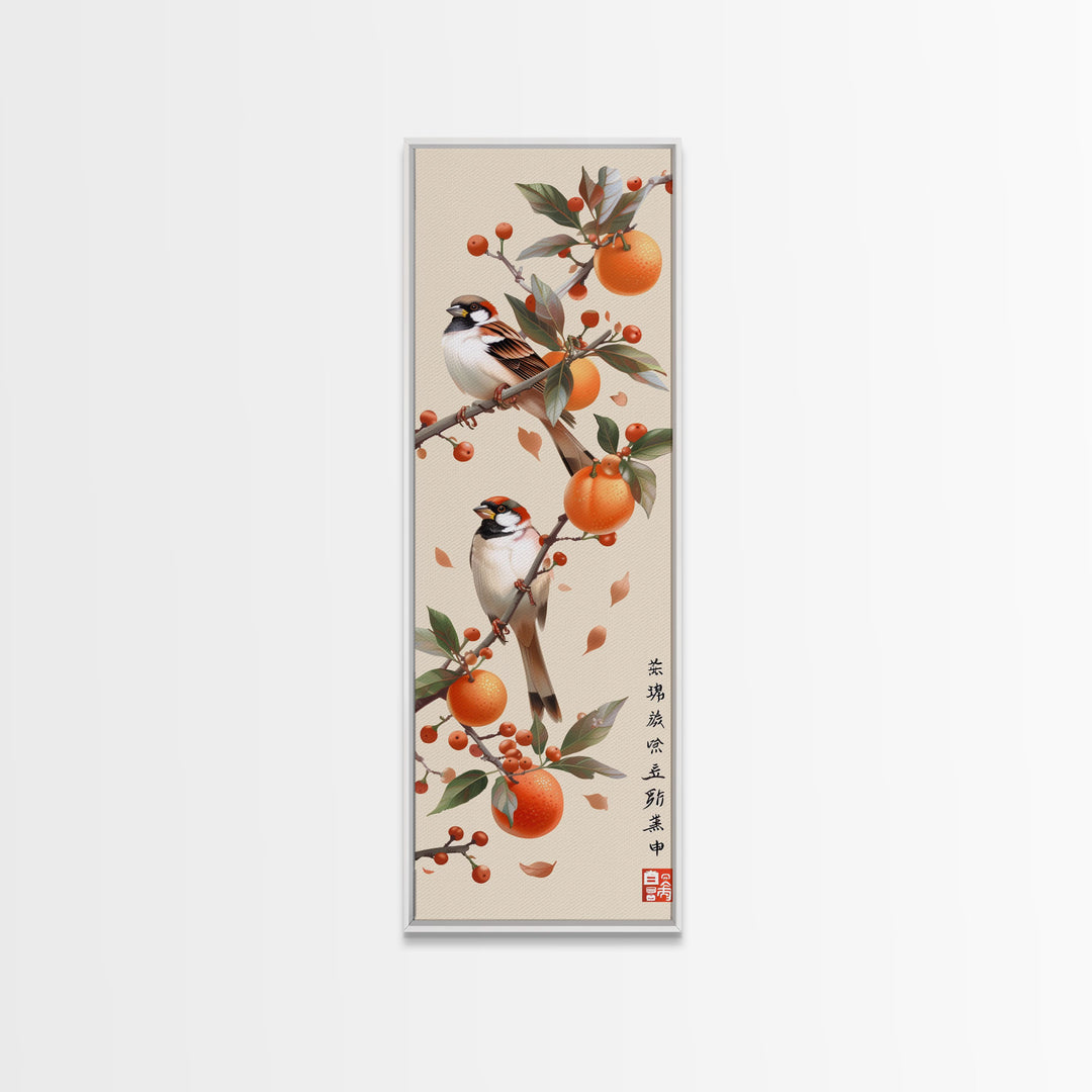 Skinny Art Tall Art Framed Canvas Print Wood Block Print Of Elegant Bird Perched On Branch Amidst Orange Fruits Ukiyo-e Japanese Style Art