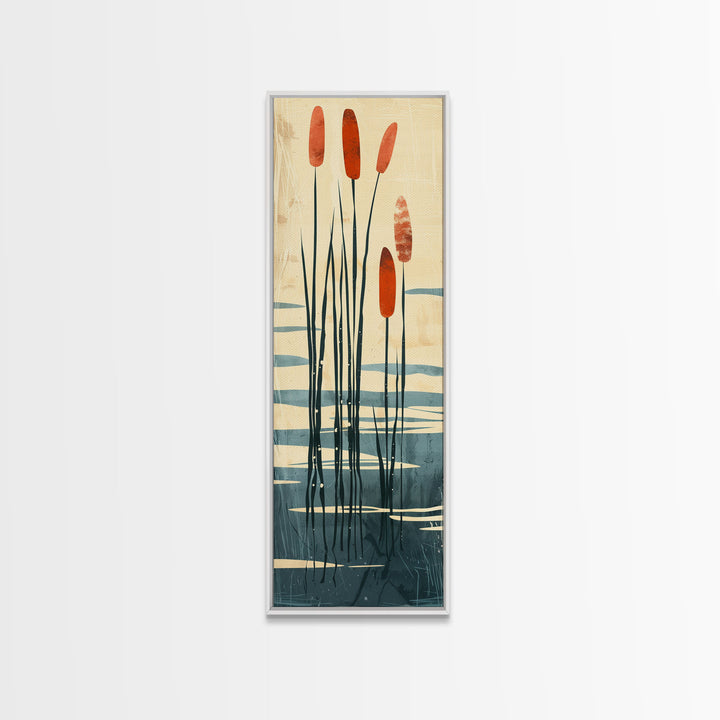 Skinny Art Tall Art Framed Canvas Print Minimalist Cattail Plants With Abstract Lines And Earthy Tones Ukiyo-e Japanese Style Art