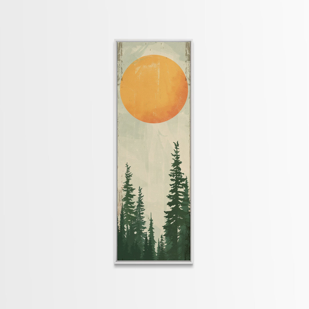 Abstract Sun Over Forest Silhouette Earth Tones Skinny Art Tall Art Framed Canvas Print Japanese Style Art Ukiyo-e Art Wood Block Print Minimalist