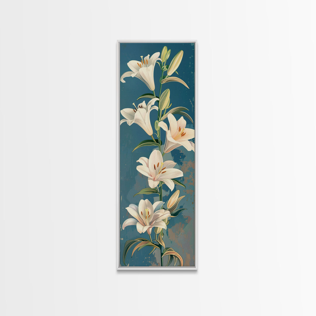 White Lilies On Green Stems Against Faded Blue Background Tall Art Skinny Art Framed Canvas Print Japanese Style Art Ukiyo-e Wood Block Print