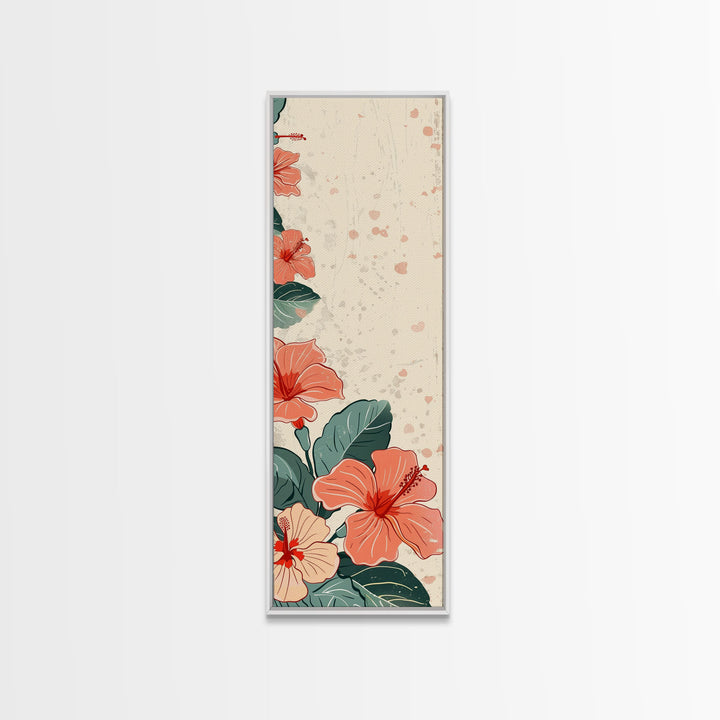 Soft Hibiscus Flowers In Delicate Shades Skinny Art Tall Art Framed Canvas Print Japanese Style Art Ukiyo-e Art Wood Block Print Floral Decorative