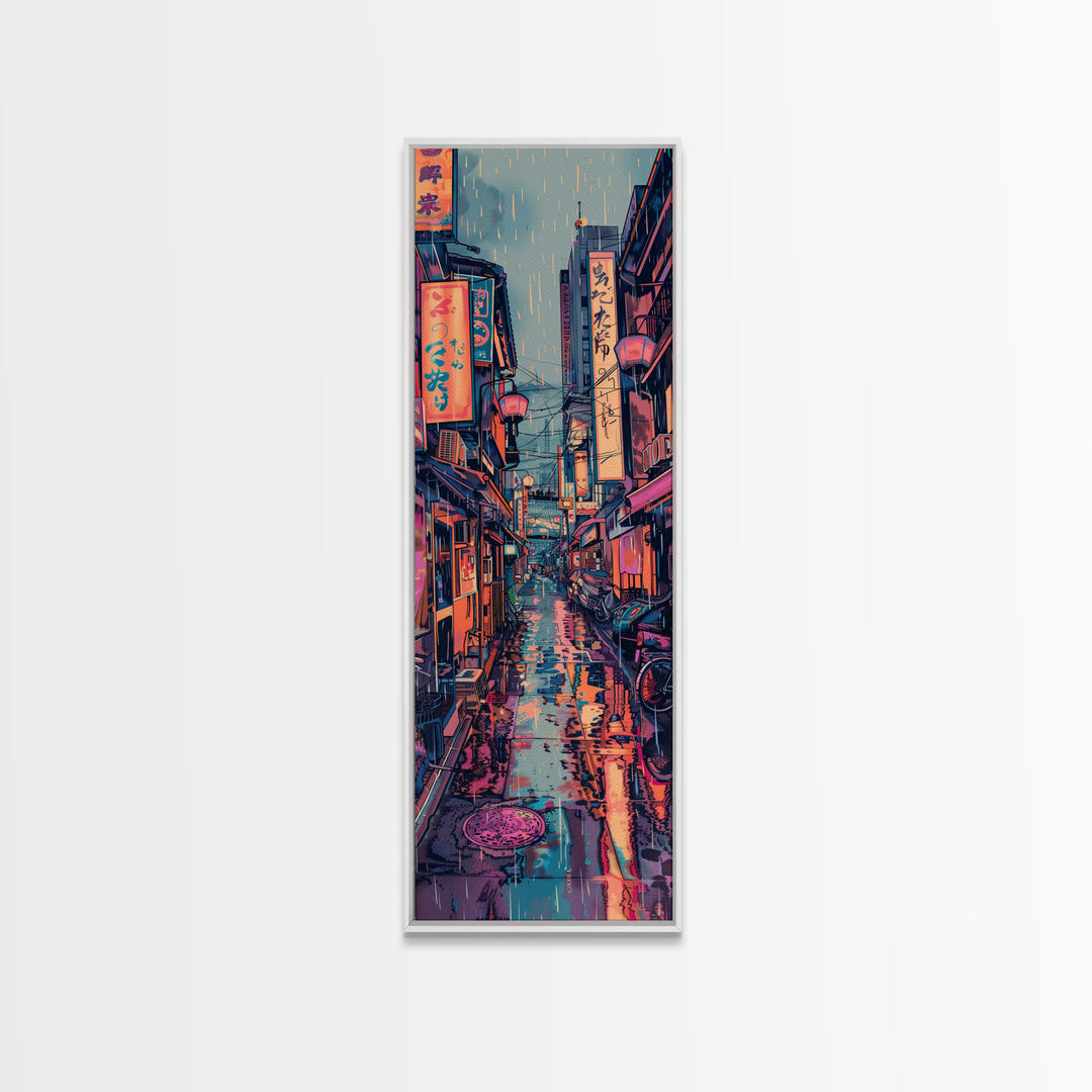 Vibrant Cityscape With Colorful Street Signs Skinny Art Tall Art Framed Canvas Print Japanese Style Art Ukiyo-e Art Wood Block Print Urban Energetic