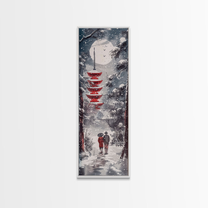 Snowy Pathway Leading To Red Pagoda Skinny Art Tall Art Framed Canvas Print Japanese Style Art Ukiyo-e Art Wood Block Print Seasonal Tranquil