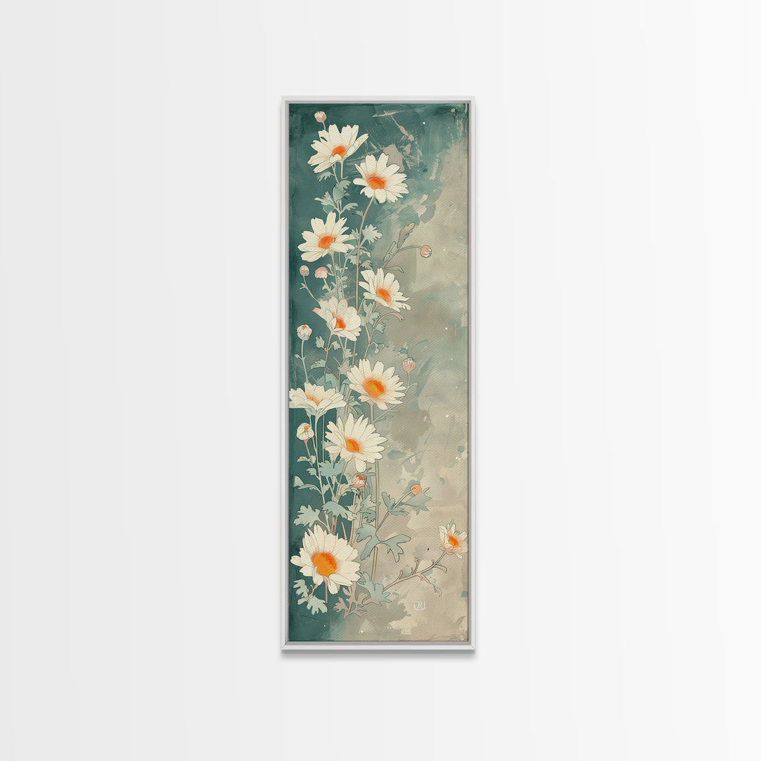 White Daisies With Orange Centers On A Soft Blue-Green Background, Skinny Art Tall Wall Art Framed Canvas Print Japanese Style Art