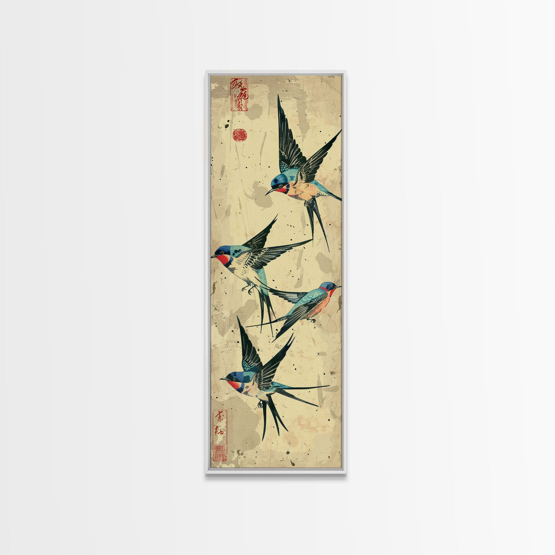 Trio Of Swallows In Flight Against A Vintage Beige Background, Skinny Art Tall Wall Art Framed Canvas Print Japanese Style Art