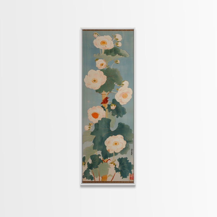 Tall White Blooms with Large Leaves on Blue Background, Framed Canvas Print in Japanese Art Style