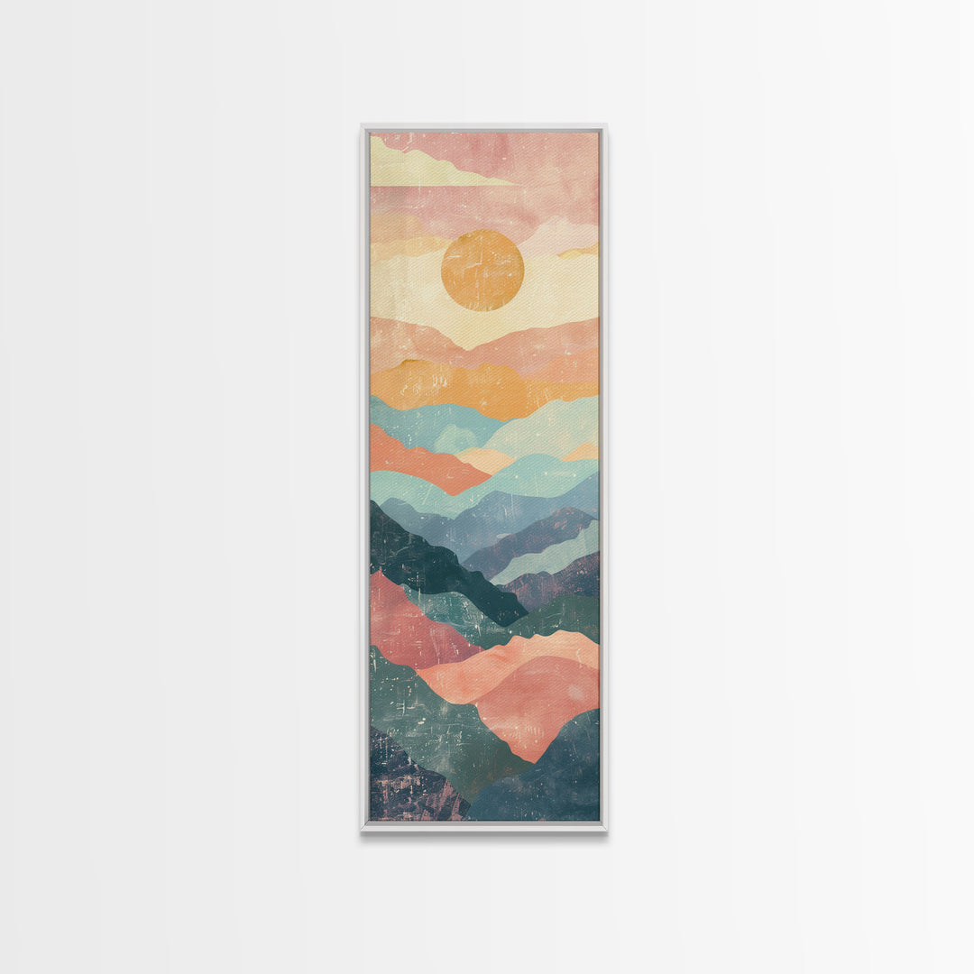 Abstract Sunset Over Rolling Hills, Japanese Art-Inspired Tall Framed Canvas Print for Wall Art