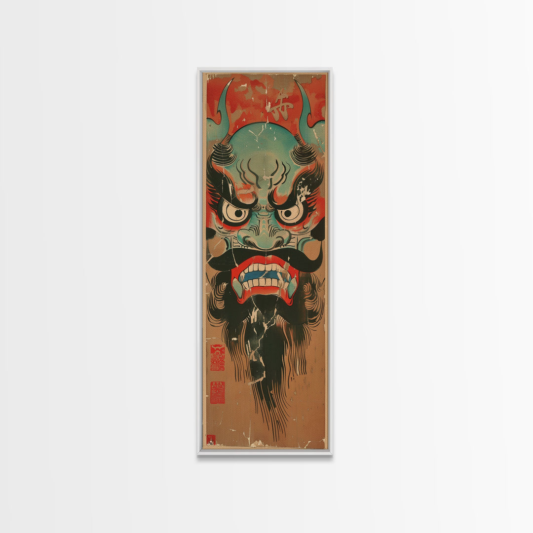 Traditional Japanese Demon Mask Art In Ukiyo-e Style Framed Canvas Print Tall Skinny Cultural Wood Block Wall Decor