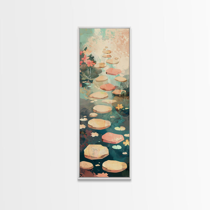 Stepping Stones In Japanese Garden Tranquil Path Art On Framed Canvas Print In Ukiyo-e Style Tall Skinny Wood Block Wall Decor