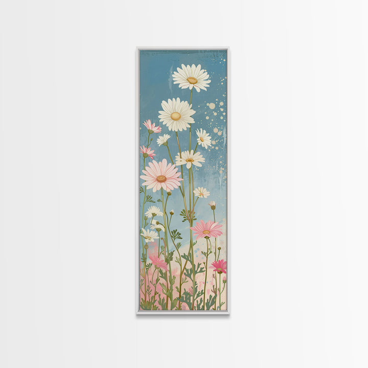 White Daisies Blossoms Japanese Tall Wall Art Blue Background Skinny Framed Canvas Print Ukiyo-e Style