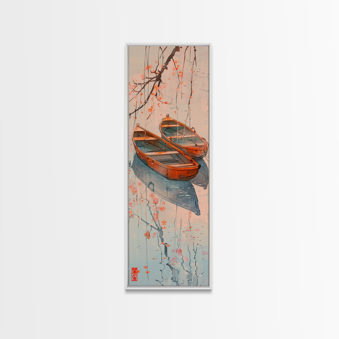 Two Wooden Boats Water Cherry Blossoms Reflected Japanese Style Tall Wall Art Skinny Framed Canvas Print