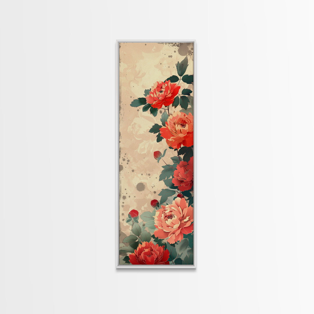 Vibrant Peonies Blooming Against A Soft Beige Background Traditional Japanese Aesthetic Tall Framed Canvas Print Floral Decor