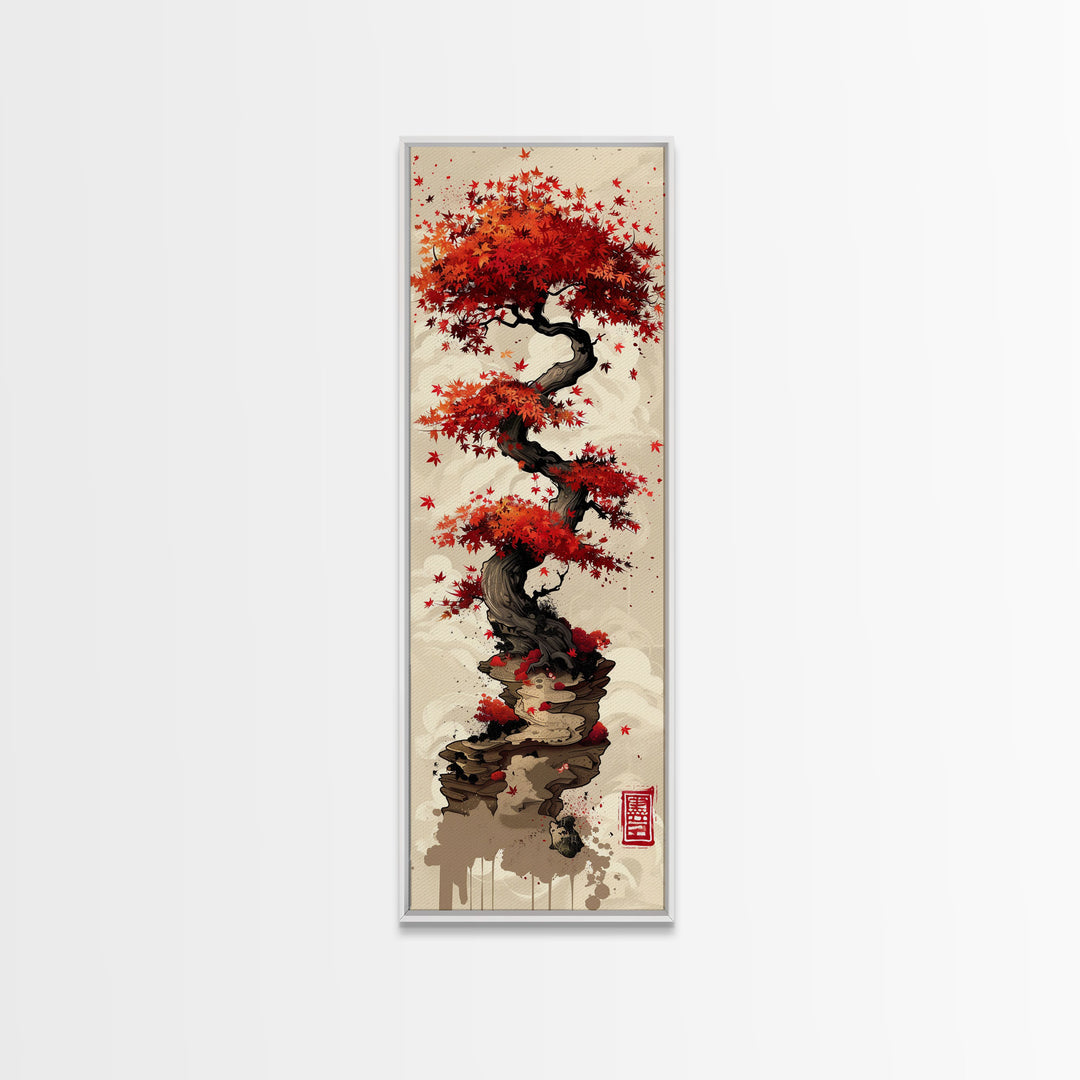 Vibrant Red Maple Tree with Twisting Branches on a Beige Background Ukiyo-e Art Japanese Framed Canvas Print Skinny Tall Art