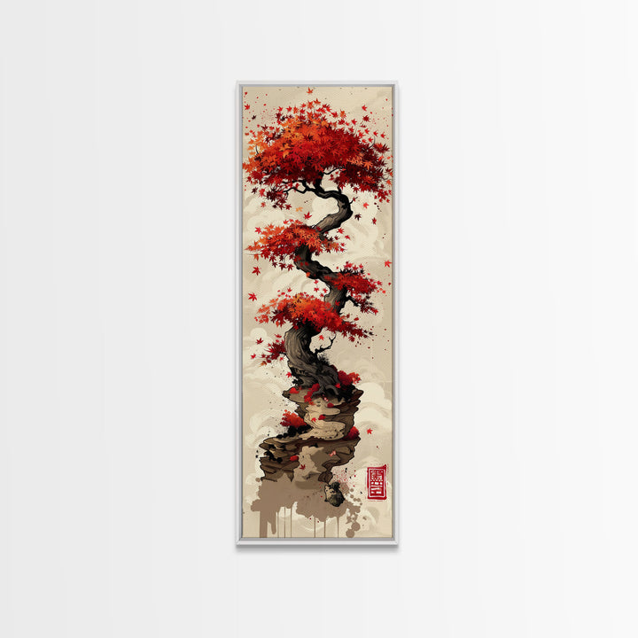 Vibrant Red Maple Tree with Twisting Branches on a Beige Background Ukiyo-e Art Japanese Framed Canvas Print Skinny Tall Art